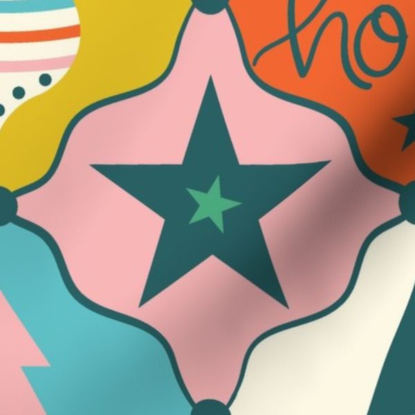 Retro Christmas Harlequin Trees in Teal Persimmon Pink for Holiday Kitchen