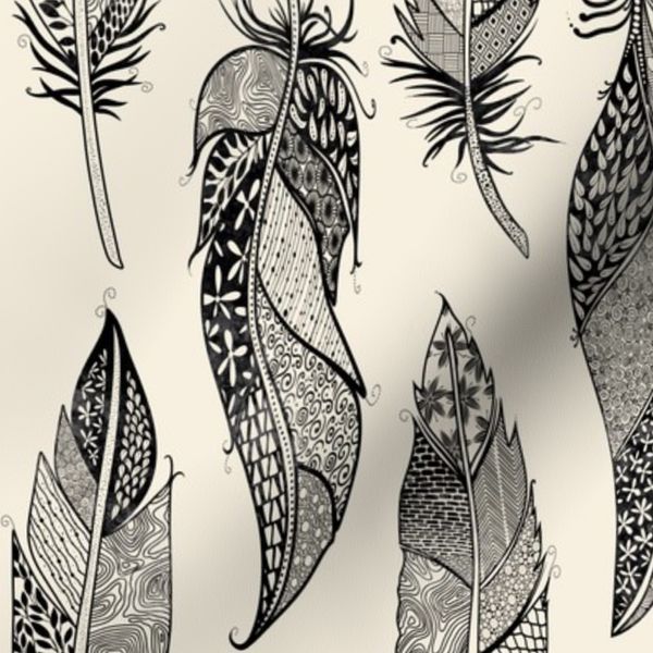 Doodle Feathers-Vertical (Black on Ivory)