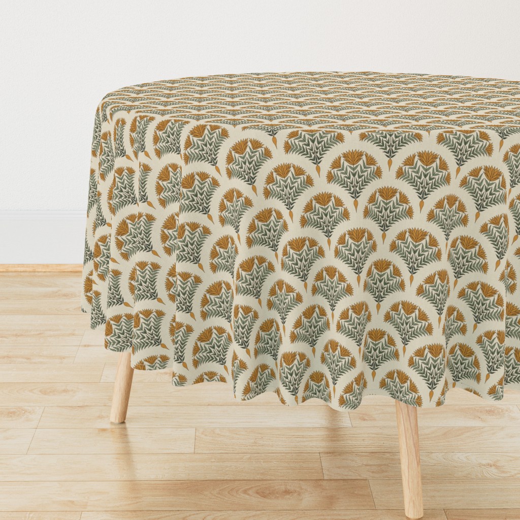 Side view of a circular wooden table with a Tablecloth draped over it, sitting on top of light wood floors