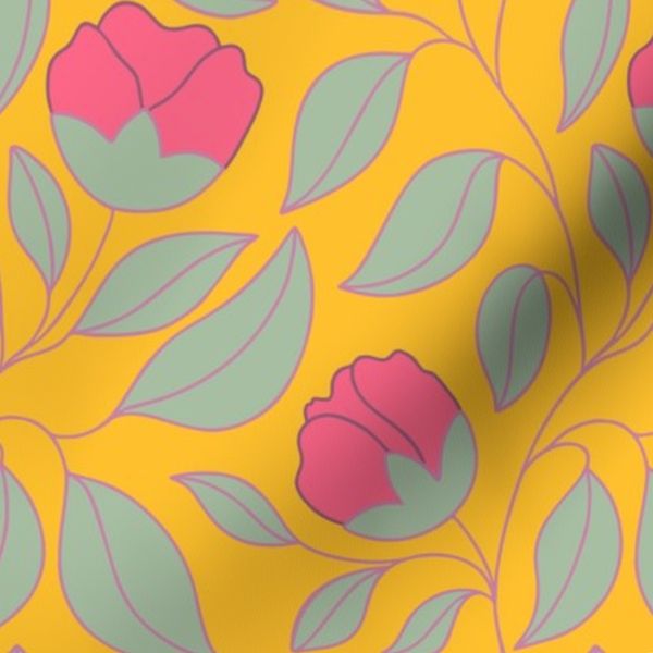 Aphrodites Rose Mustard Background And Fucsia Roses (Medium)