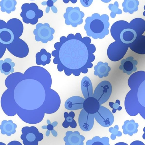 Cornflower Blue Retro Floral on White-Bold 70s Flower Pattern SMALL SCALE