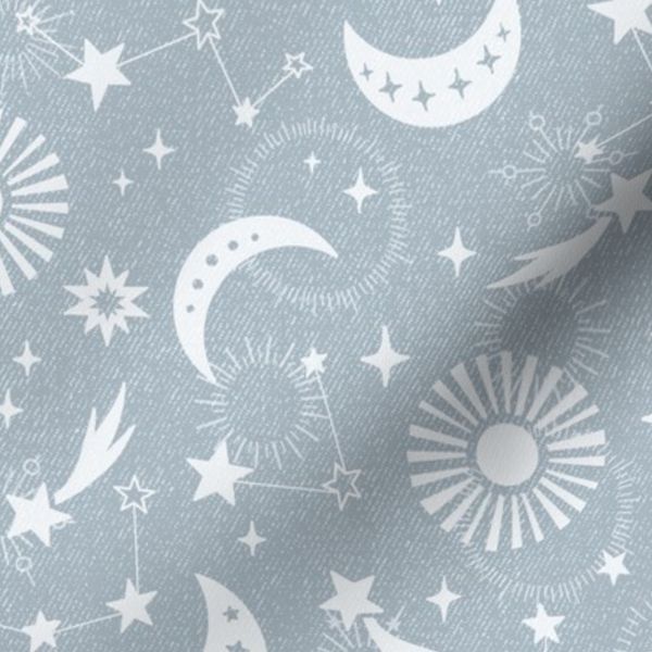 Dreamy Celestial Constellations - Retro Suns Moons - Misty Blue - M