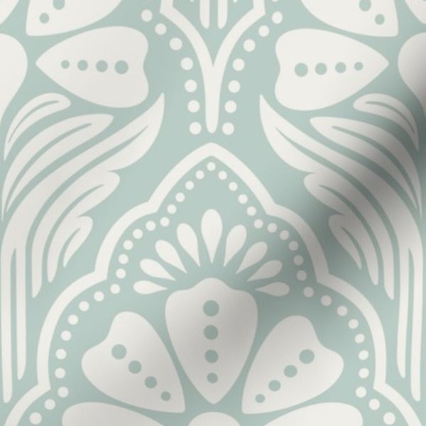 Retro Nouveau Floral Scallop - Large - Blue Grey & Cloud Dancer Off-White