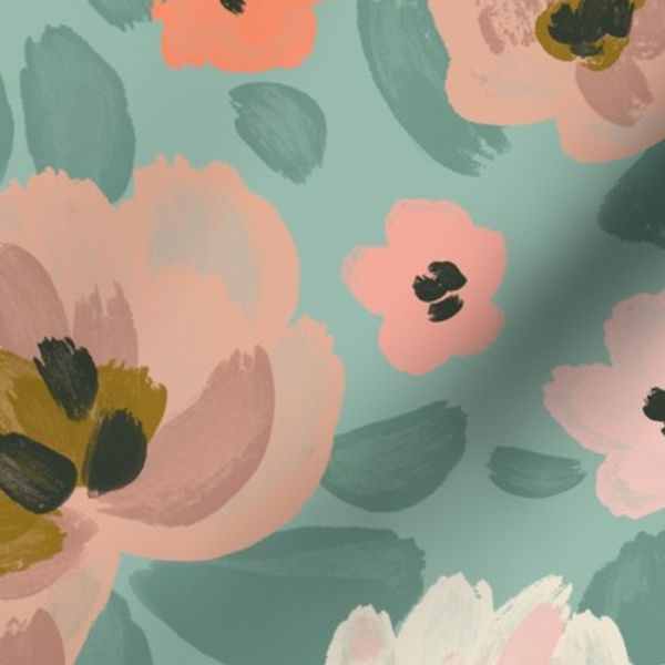 (L) Ethereal romantic painted waterlilies and pansies - Mint Green