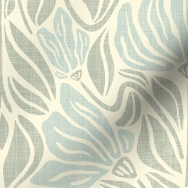 Blue + Teal Silver Coastal Art Nouveau Vintage Floral Block Print / Small