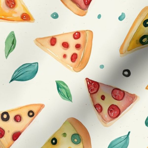 Watercolor Dish Pizza Party Red Salami Pie Melty Triangle Snack