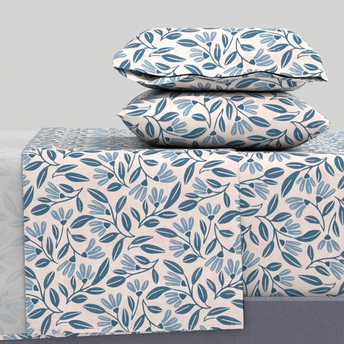 Sweet Organic Floral Allover Pattern in Blue on Textured Light Pink - M