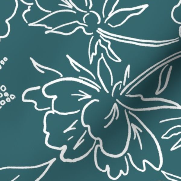 Vintage Floral Chalk Lines - Large - Deep Petrol - Floral Outlines