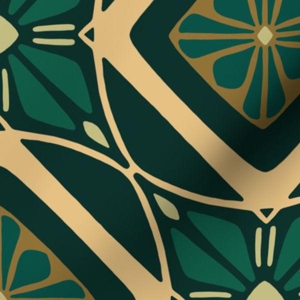 Art Deco Tile Pattern in Forest Green & Gold - Large