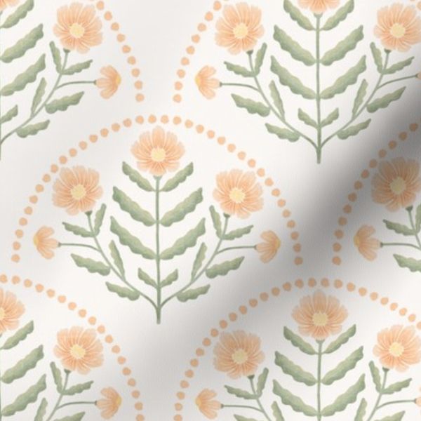 soft apricot & Sage Green Textured Floral Scallop on off white -  medium