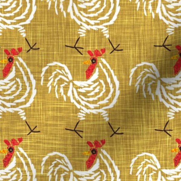 Rustic Country Craft Chicken Rooster Pattern - Mustard Gold Ochre LARGE