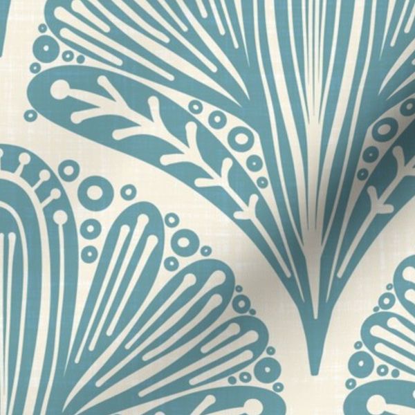 Bold-geometric-flowers-in-scale-shapes-milky-glacier-blue-white-linen look