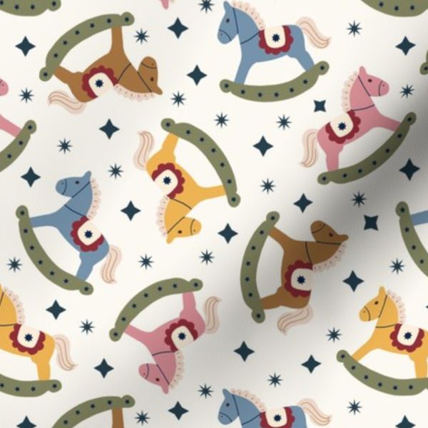 Handdrawn vintage inspired rocking horses stars on white background