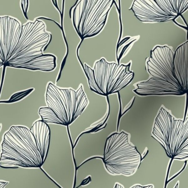 Elegant Sage Green Floral Line Art
