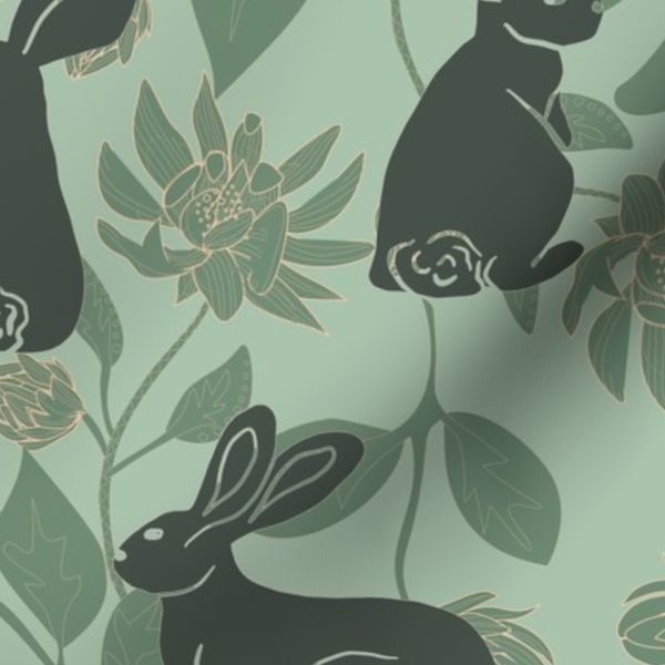 Verdant Blossom Hares in charcoal and soft greens medium-scale