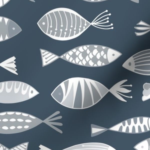 Little Fishes Dark Blue Tonal Large Scale
