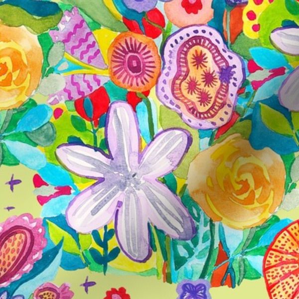 L Whimsical Watercolor Flower Garden on Yellow Green for Quilting Crafts