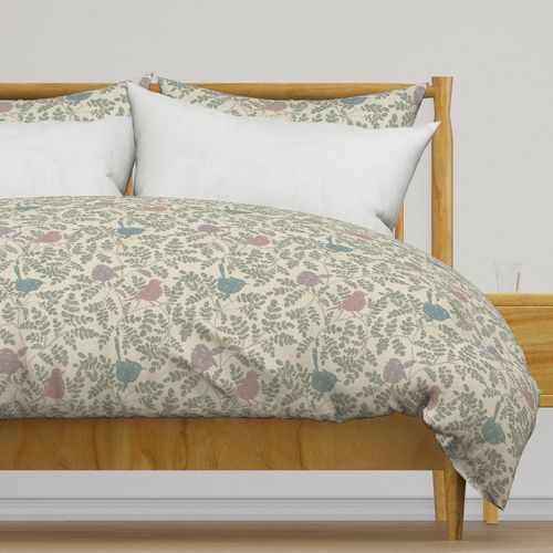 Melody - Dusty Pink Lilac Lavender Teal Blue Birds Sage Leaves Cream Large