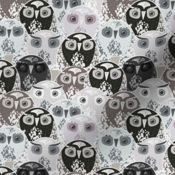 S Dense quirky hand drawn black and white boho cartoon owls