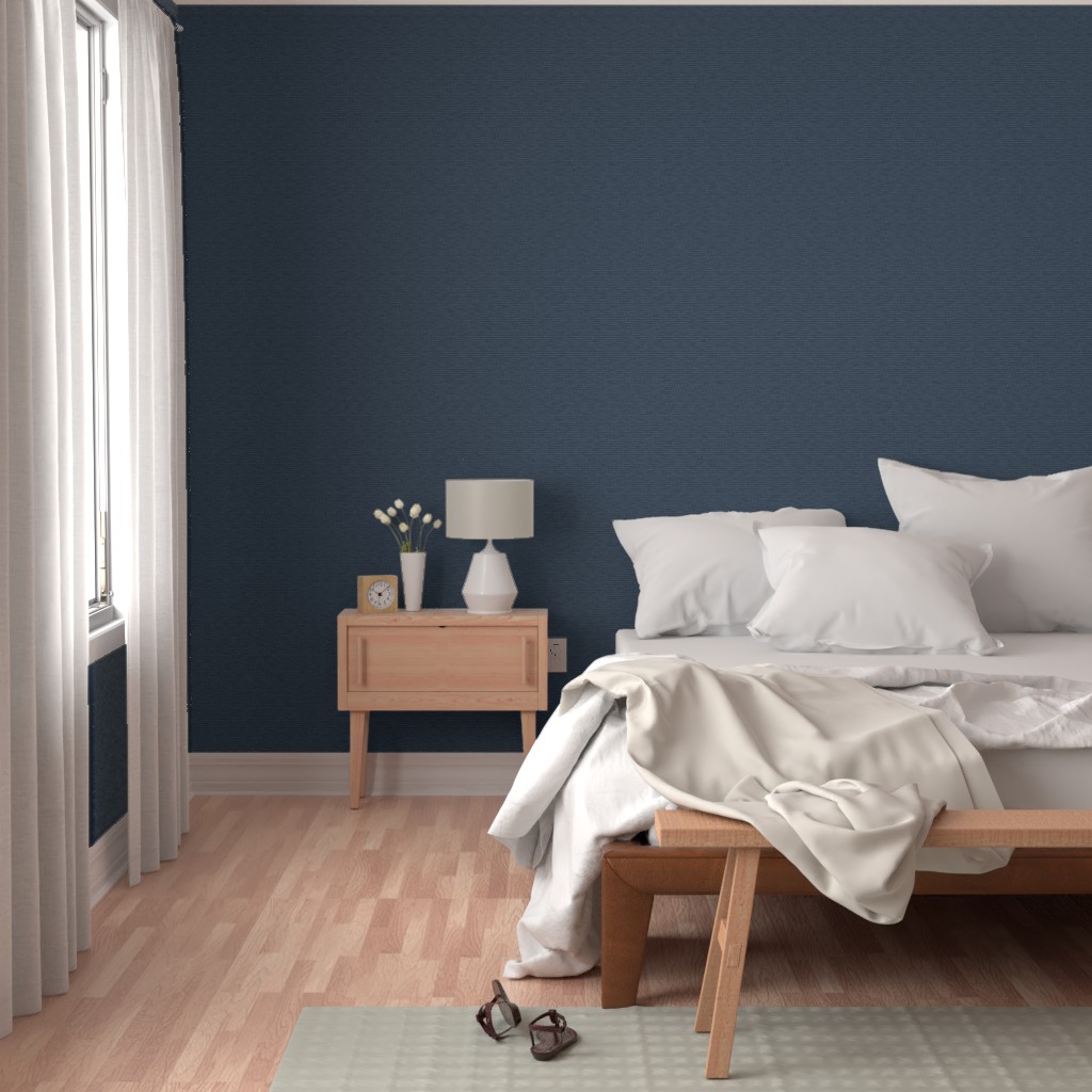 Bedroom with a bright window, bed and wood furniture with Peel and Stick wallpaper on the walls