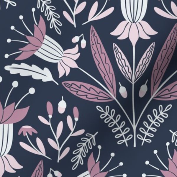 Nordic Wildflower Block Print Soft Cottagecore Botanical Mauve & Navy M