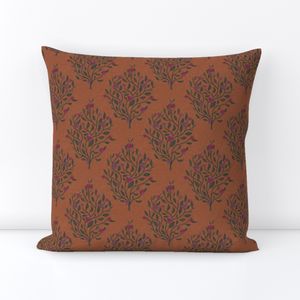 Pomegranate bush with green leaves on terracotta silk (S)