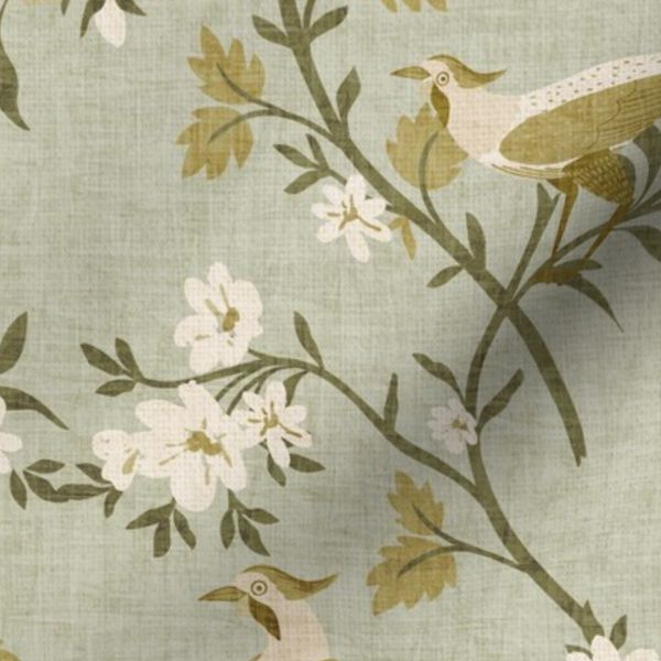 Botanical trailing vine ornamental bird pheasants light sage olive green