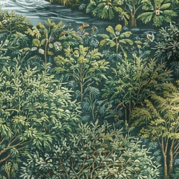 Lush  biophilic green waterfall forest Arts & Crafts Morris inspired