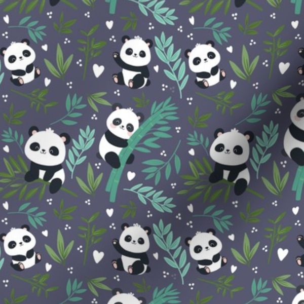 Cute Kawaii Pandas with Bamboo Seamless Nature Pattern Dark Version