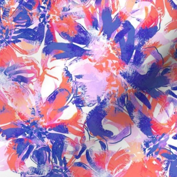 Random abstract painterly loose florals in blue pink coral (Small Scale)