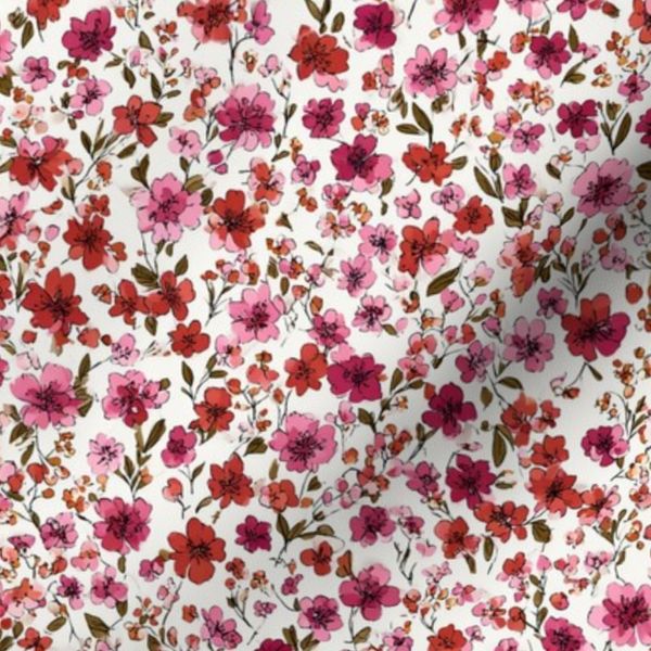 Small scale red and pink flowers on white