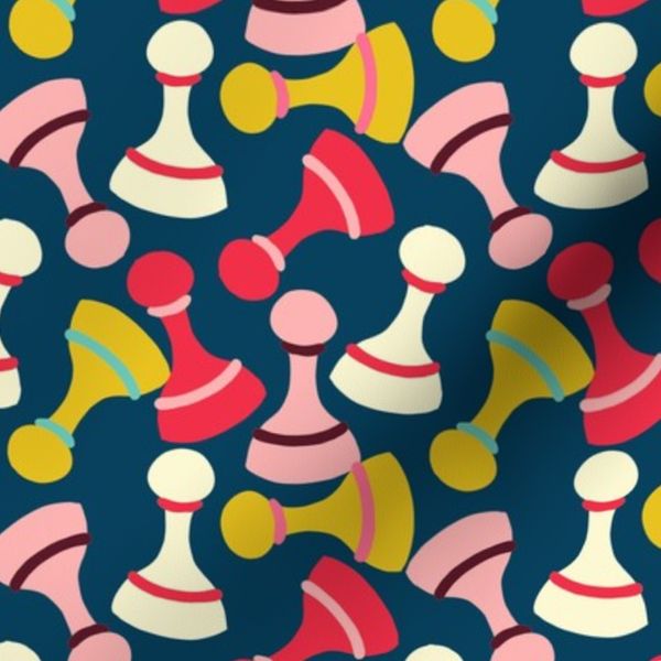 Stylized Chess Pawns in Red Pink and yellow on dark blue - S