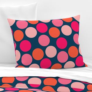 orange and pink + red + hot pink polka dots on dark blue- L