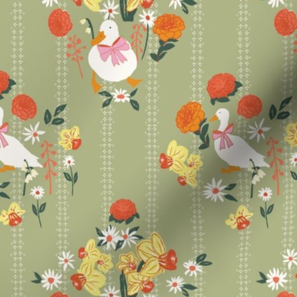 (S) Whimsical Cottagecore Floral Meadow Ducks - Pastel Green