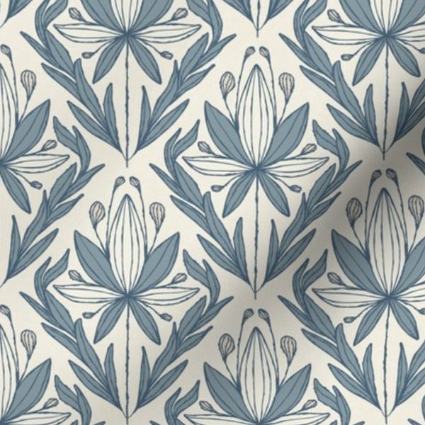 small Lily Lotus Diamond Ink Drawn Damask - Light Beige Blue Gray