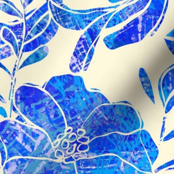 Textured Vibrant Abstract cobalt blue and Off White Flower Stamps  Large