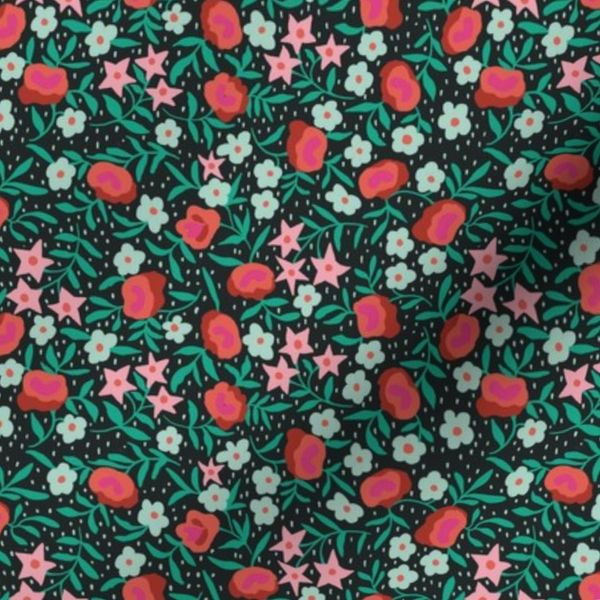 Retro Bohemian Cottage Floral Teal Red Orange Pink Small Scale
