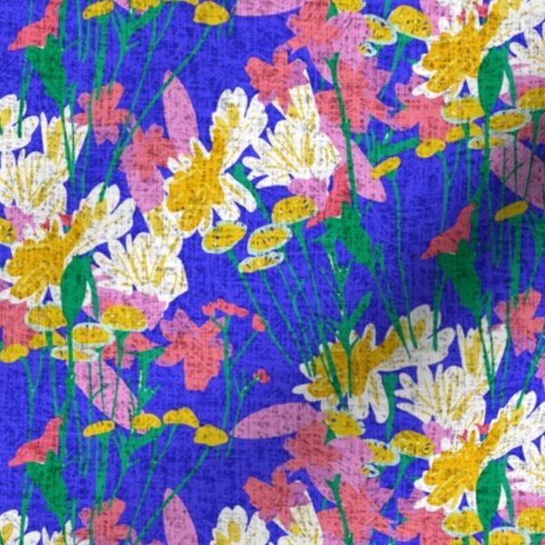 Dense Boho maximal hand-drawn flowers vibrant colors bright blue