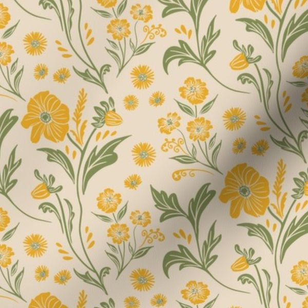 Wildflower floral meadow linen warm yellow green hand drawn heritage style