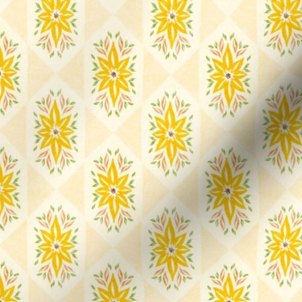 Yellow/Golden Retro Botanical/Mediterranean Sun Floral Tile Sage - Small