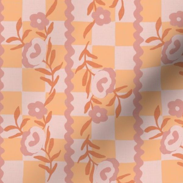 Country Retro Vintage Floral Muted Apricot Linen Texture Medium Scale