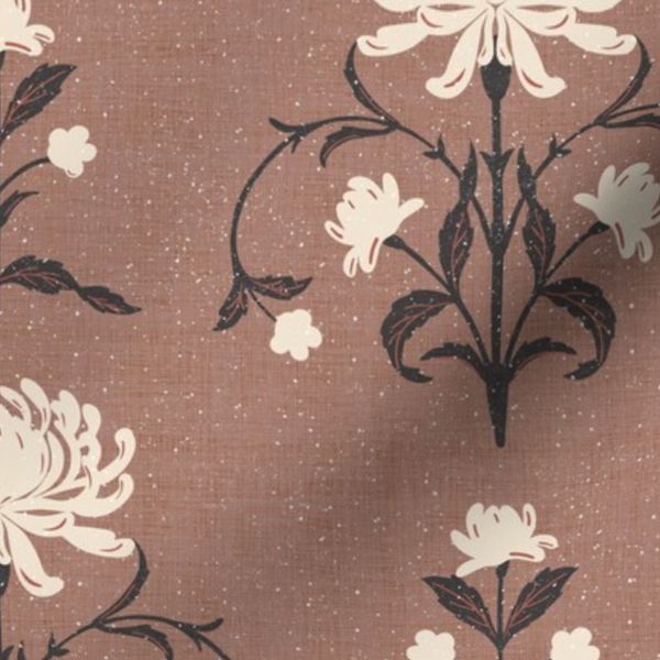 Historic Wildflower Garden Floral Damask Organic Linen Folk Dark Clay