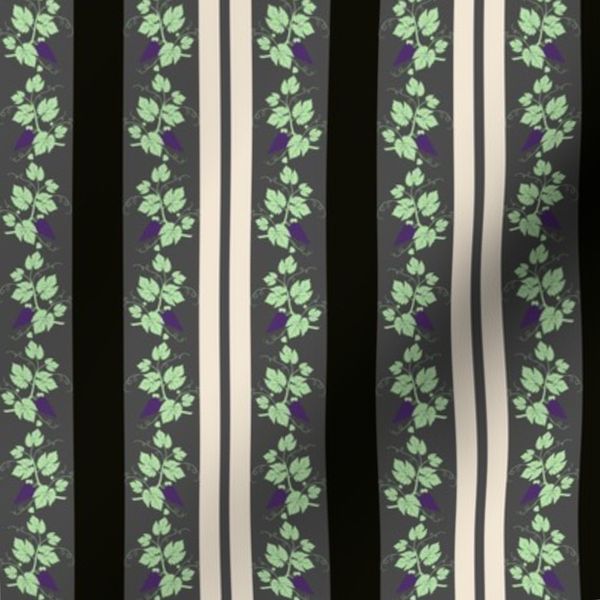Black Botanical Stripe Wallpaper with Green Florals - Vintage Floral