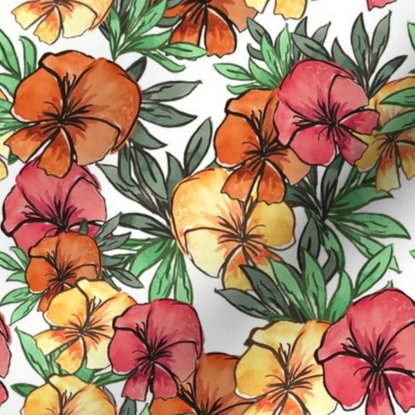 Vintage Wildflowers in Orange Red and Yellow with Leaves