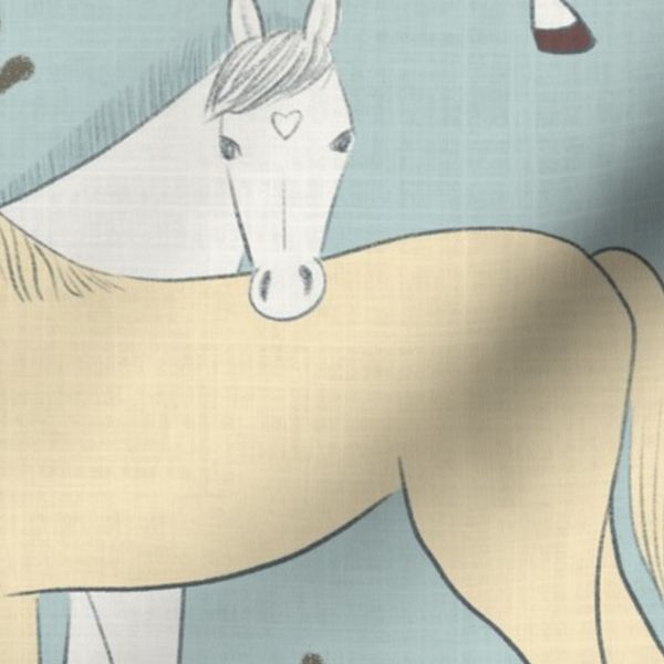 rustic farmhouse hand drawn textured illustrative horses on calming blue