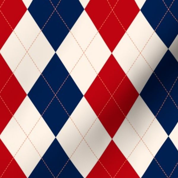 Argyle Pattern - White Red Navy Blue - Orange Stitching - 15"