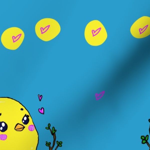 Cute Yellow Bird on a Brach with Dots and Hearts