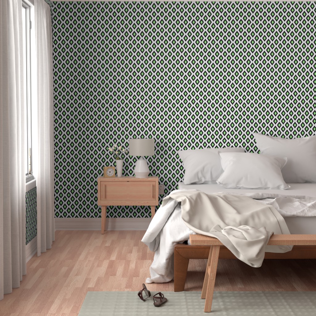 Bedroom with a bright window, bed and wood furniture with Peel and Stick wallpaper on the walls