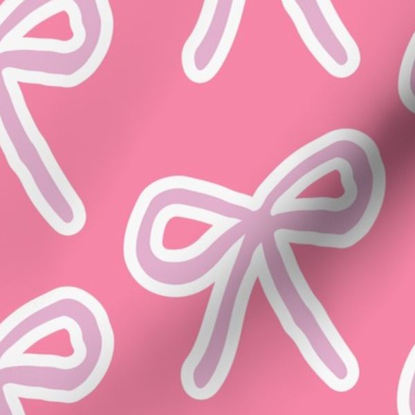 Pink sketched bow with white outline on bright pink / pink coquette /Medium