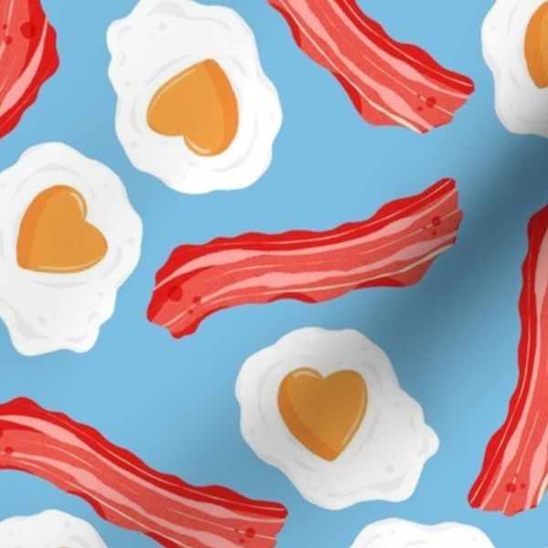 Over Easy Eggs with Heart Yolks & Bacon - Cute Breakfast on blue (MEDIUM)